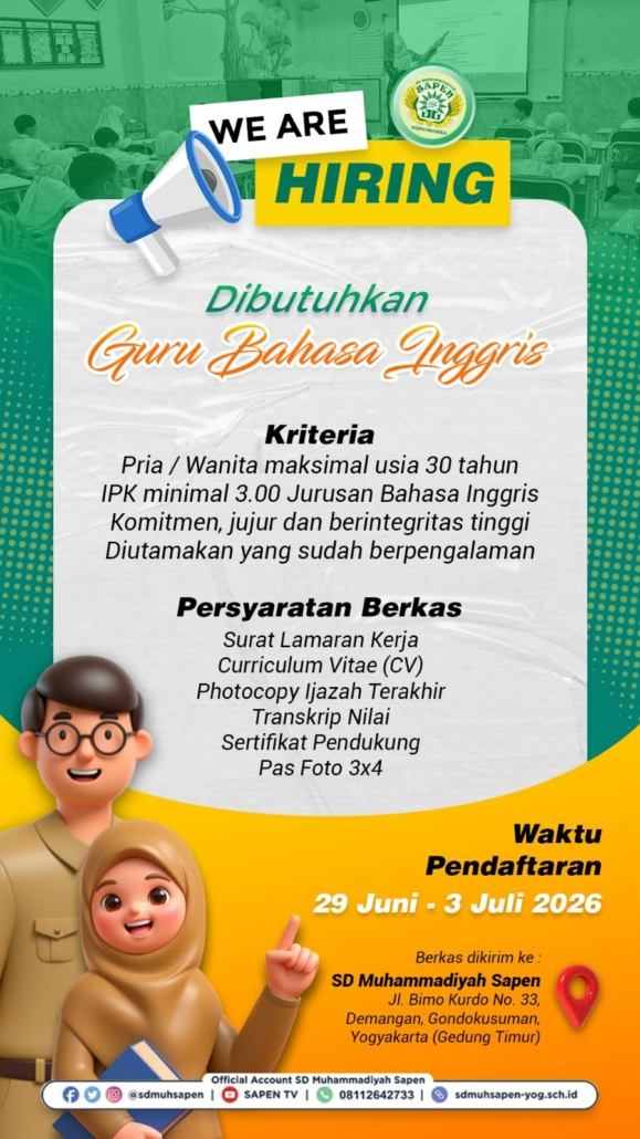 Lowongan Guru Bahasa Inggris di SD Muhammadiyah Sapen Yogyakarta